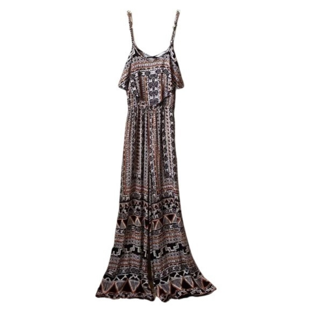 Angie Women’s Bohemian Orange Black Geometric Pattern Sleeveless Flowy Jumpsuit